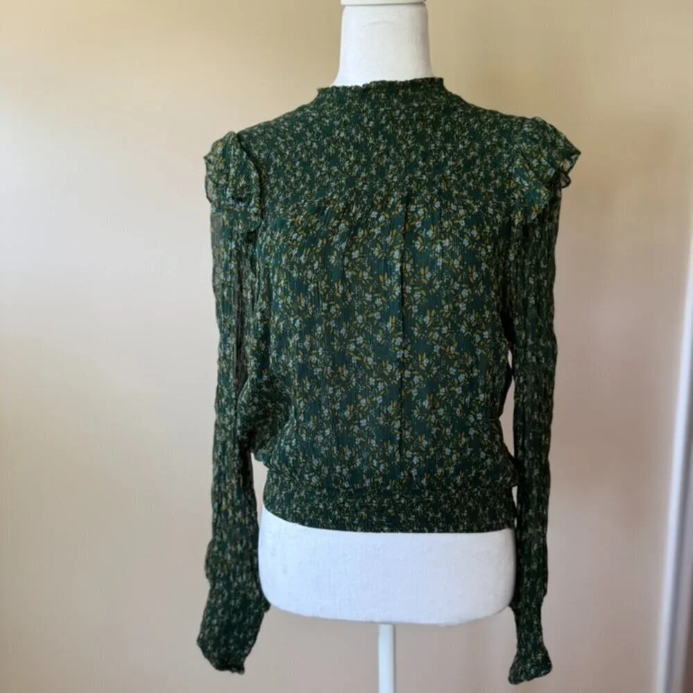 Free People Smocked Floral Roma Blouse in Forest Combo Womens Small Boho Indie